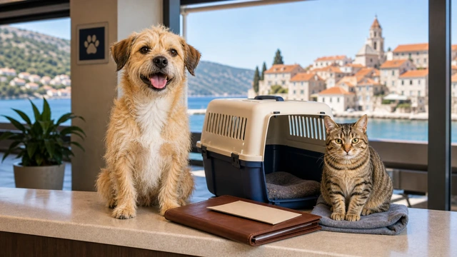 Dog and cat waiting with a pet carrier and entry paperwork in Croatia