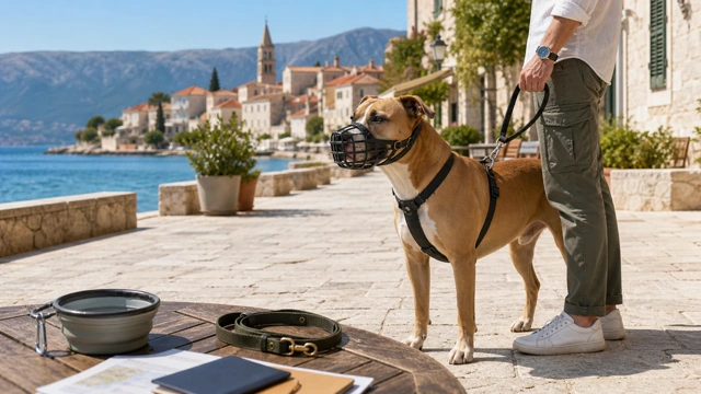 Calm bull-type dog wearing a basket muzzle and leash on a sunny Croatian seaside promenade, illustrating a guide to banned and restricted dog breeds in Croatia Calm bull-type dog wearing a basket muzzle and leash on a sunny Croatian seaside promenade, illustrating a guide to banned and restricted dog breeds in Croatia