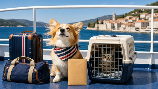 Windblown dog and cat with pet travel paperwork on a Croatian ferry deck
