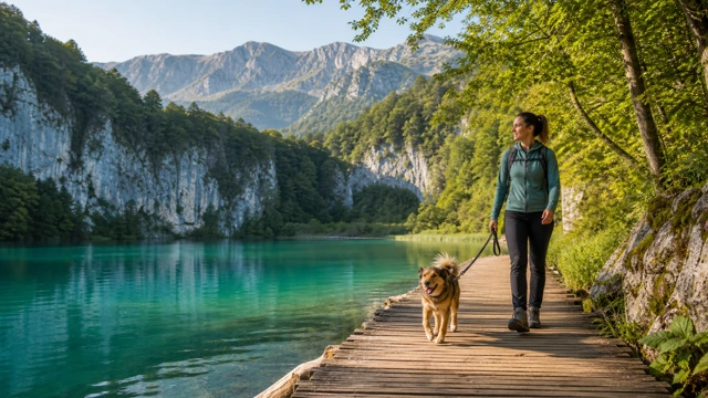 Leashed dog and traveler on a wooden boardwalk beside turquoise Croatian lake water and limestone mountains, illustrating a guide to Croatia national parks with a dog