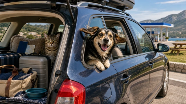 Dog and cat packed in a car at a Croatian motorway rest stop with road-trip luggage