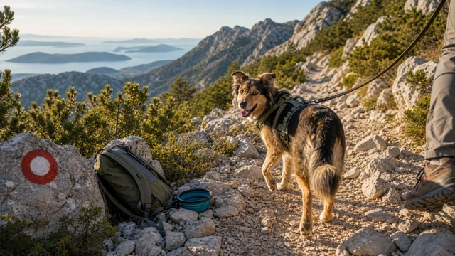 Leashed dog on a marked mountain trail above the Adriatic on Velebit, illustrating a guide to hiking in Croatia with a dog Leashed dog on a marked mountain trail above the Adriatic on Velebit, illustrating a guide to hiking in Croatia with a dog
