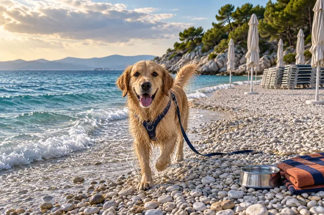 Happy wet dog leaving the Adriatic on an empty pebble beach with folded umbrellas and stacked loungers after the summer season