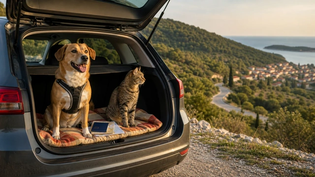 Dog and cat in a car at a sunny viewpoint between green Slovenian hills and the Istrian coast, illustrating a guide to travelling from Slovenia to Croatia with a pet