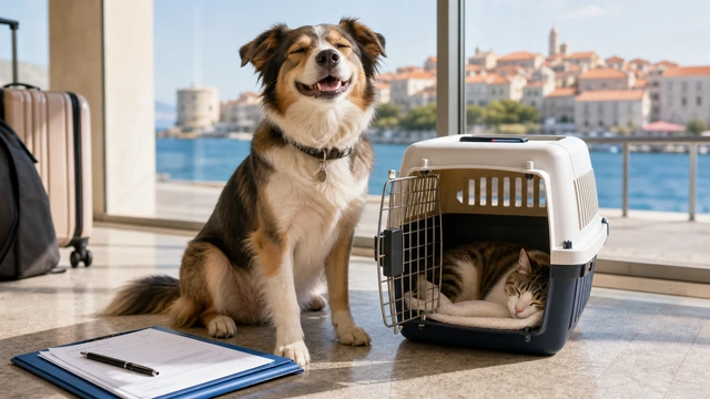 Happy dog and cat with USDA paperwork and a pet carrier after arriving in Croatia